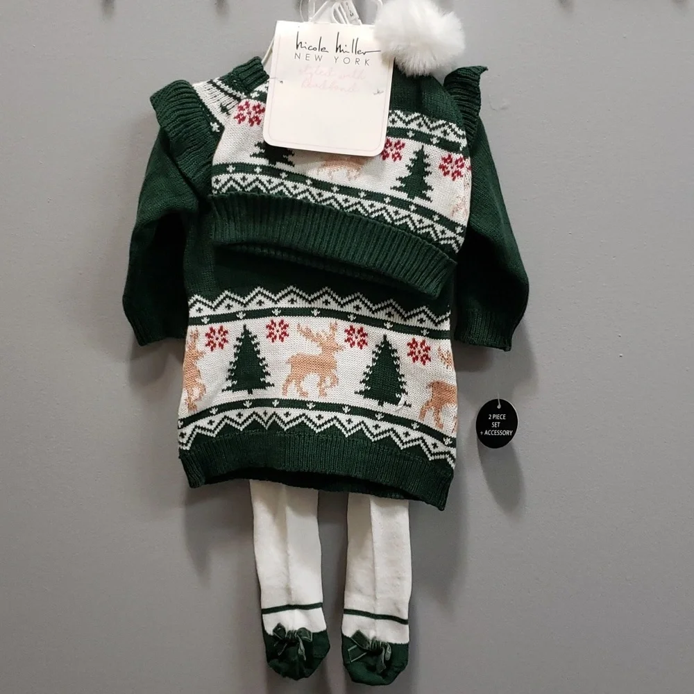 Nicole Miller NWT 3-piece Set, Sweater Dress, Tights and Hat, 0-3 months